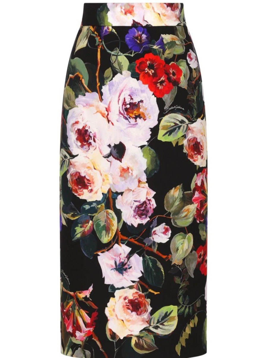 Damen DOLCE & GABBANA Rocke | Longuette-Rock Mit Rosengarten-Print