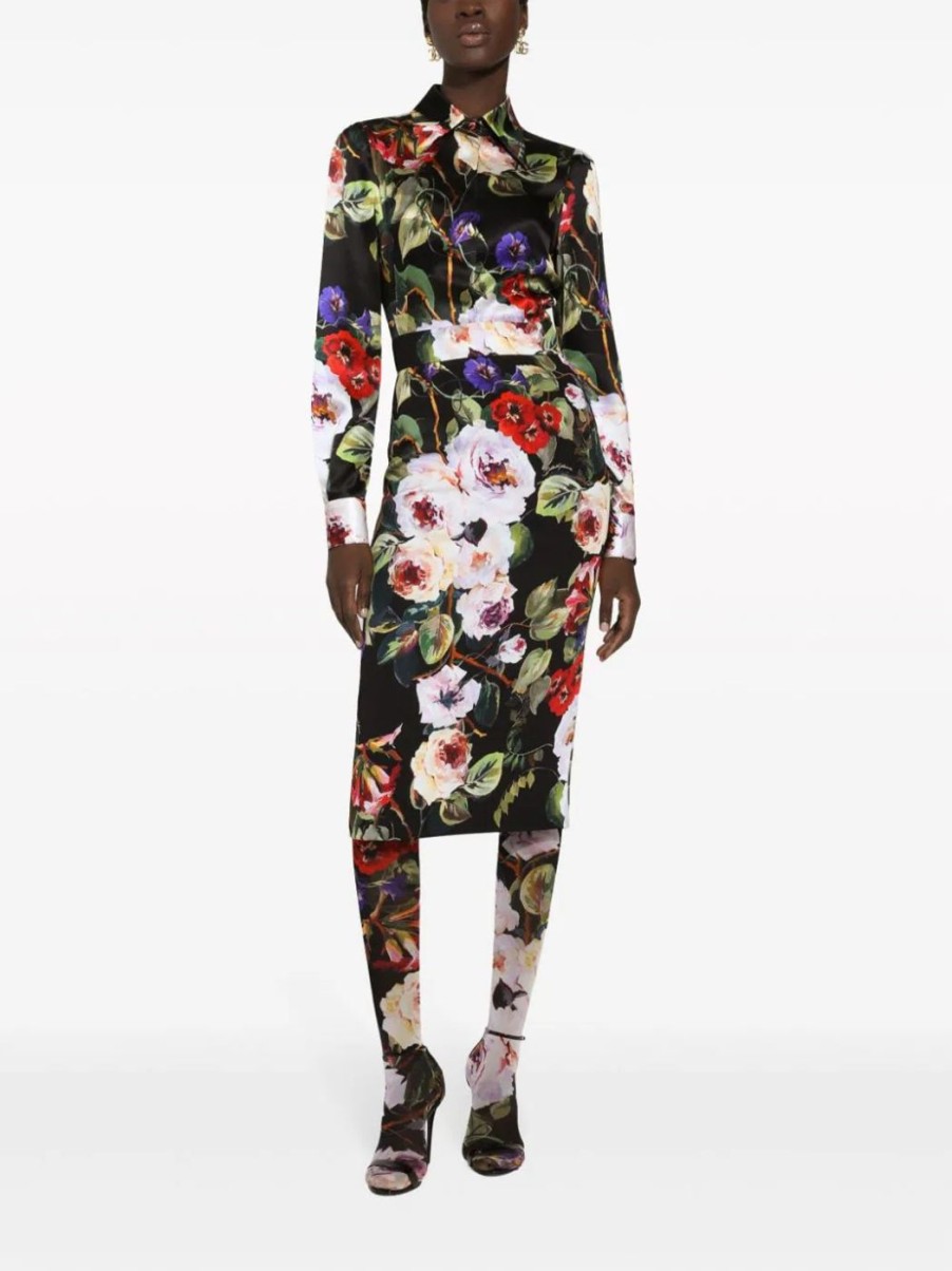 Damen DOLCE & GABBANA Rocke | Longuette-Rock Mit Rosengarten-Print